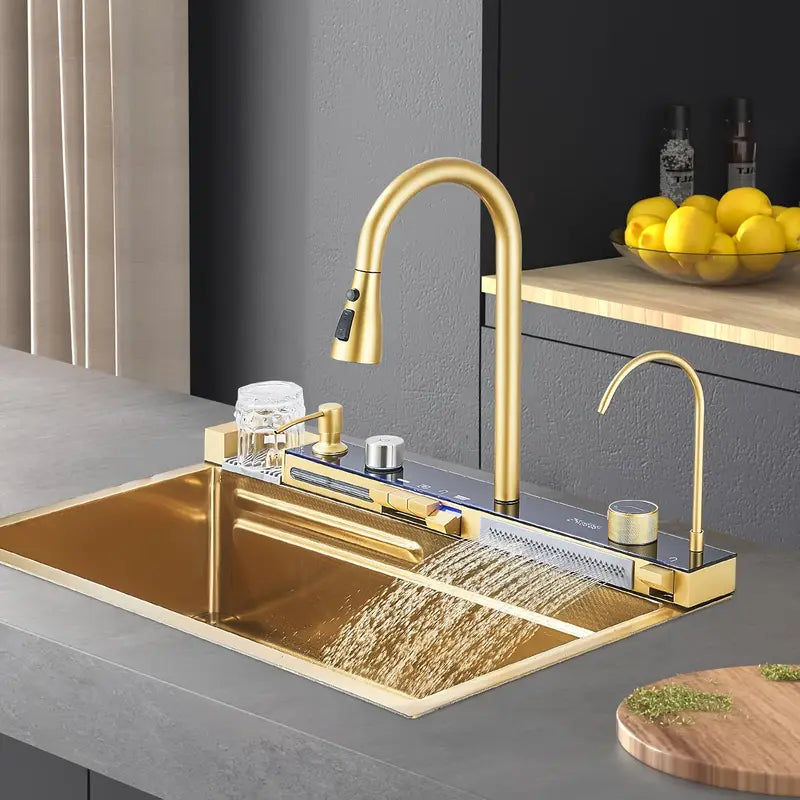 Chiuveta Bucatarie Multifunctionala cu LED, Inox, Auriu + CADOU SCURGATOR VASE