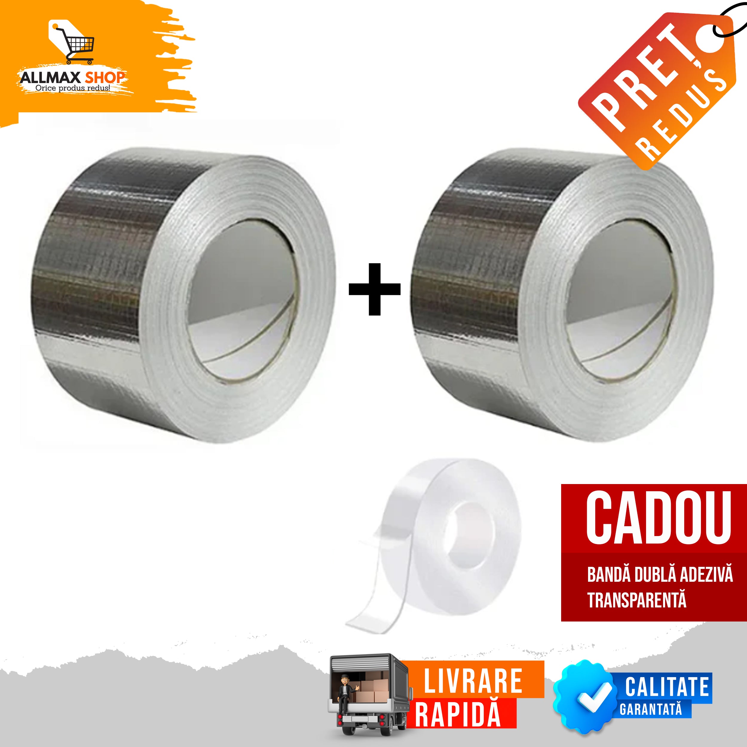 PACHET 1 + 1! Banda adeziva durabila tip folie, rezistenta la apa, aderenta sporita (5 cm x 5 m) + Banda dubla adeziva transparenta CADOU