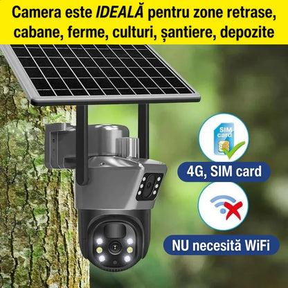 Camera Supraveghere 4G Dubla Cu Panou Solar + CARD 128 GB