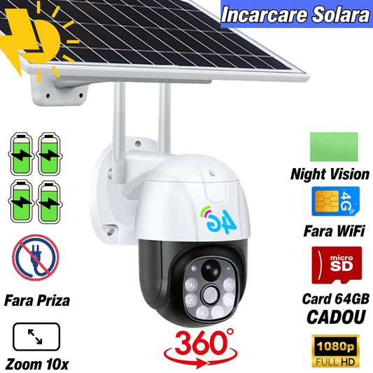 Camera de Supraveghere Solara Cartela SIM 5 MP, Zoom 10X, Panou Solar 9W + CARD 64GB