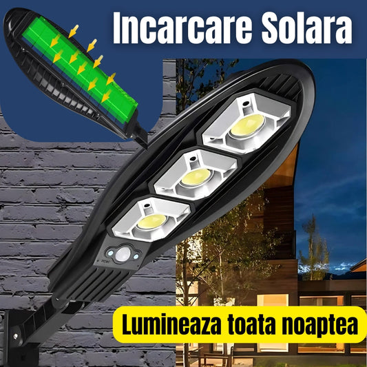 Lampa Stradala cu 90 LED-uri, Incarcare Solara, Lumineaza TOATA Noaptea, Senzor de Miscare, 90 W, Lungime 42 cm