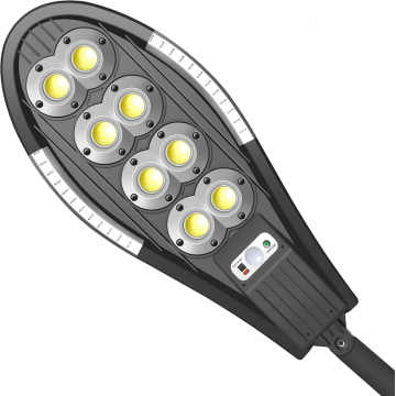 Lampa Solara Stradala cu Telecomanda, 208 LED 8 COB, cu Senzori de Amurg, Miscare si Lumina, IP65 Wateproof, 3 Moduri Functionare, Brat de Montare Inclus, Negru