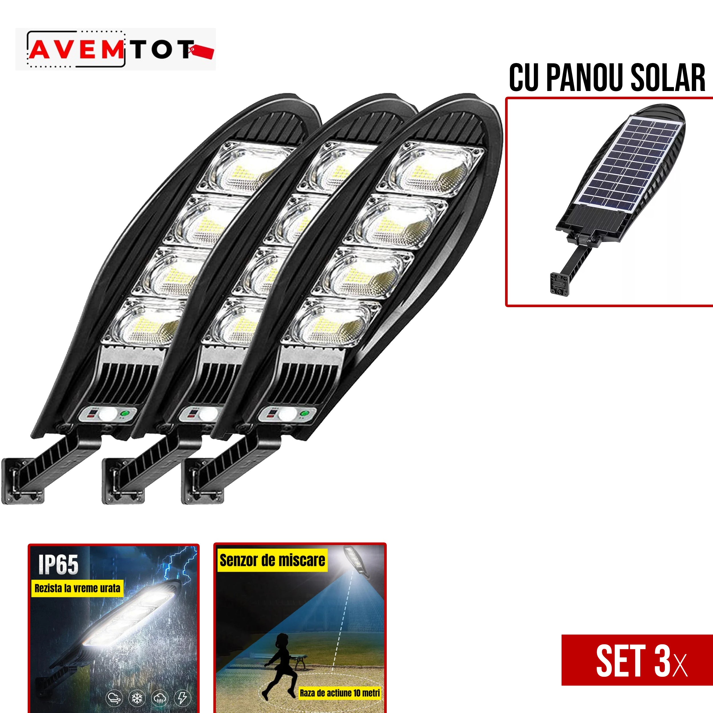 SET 3 x Lampa Stradala 1200W, Incarcare Solara, 55 CM