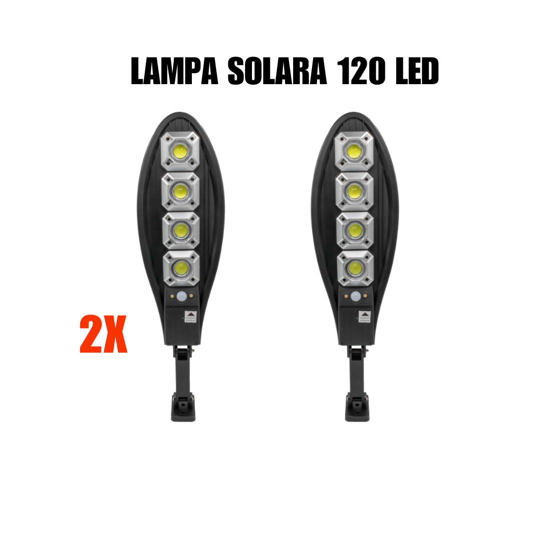 Oferta de nerefuzat ! Set 2 x Lampa Solara stradala 120 LED-uri, 3 moduri de functionare, cu telecomanda. Beneficiaza acum de transport gratuit!