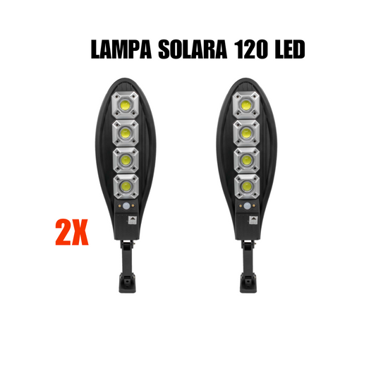 Oferta de nerefuzat ! Set 2 x Lampa Solara stradala 120 LED-uri, 3 moduri de functionare, cu telecomanda. Beneficiaza acum de transport gratuit!