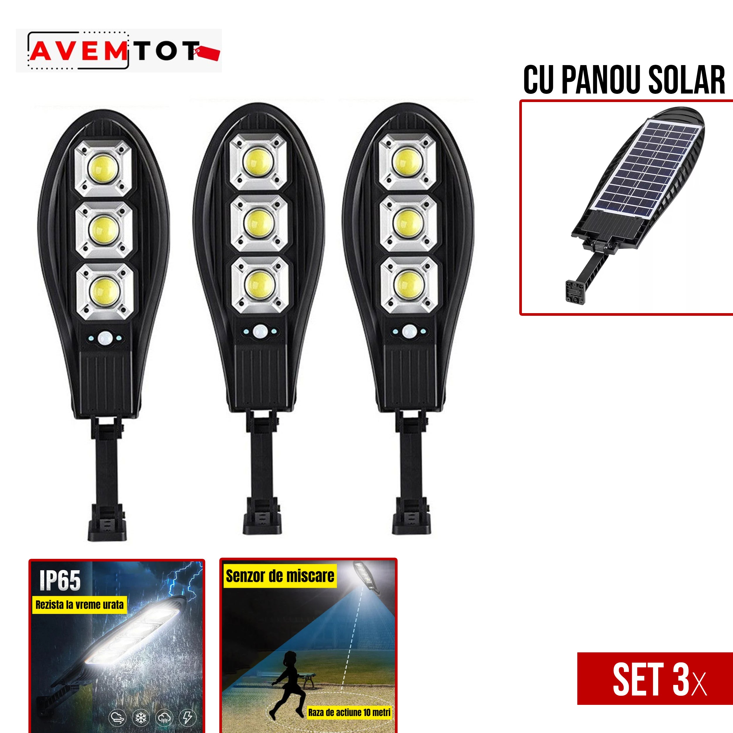 SET 3 x Lampa Stradala cu 90 LED-uri, Incarcare Solara