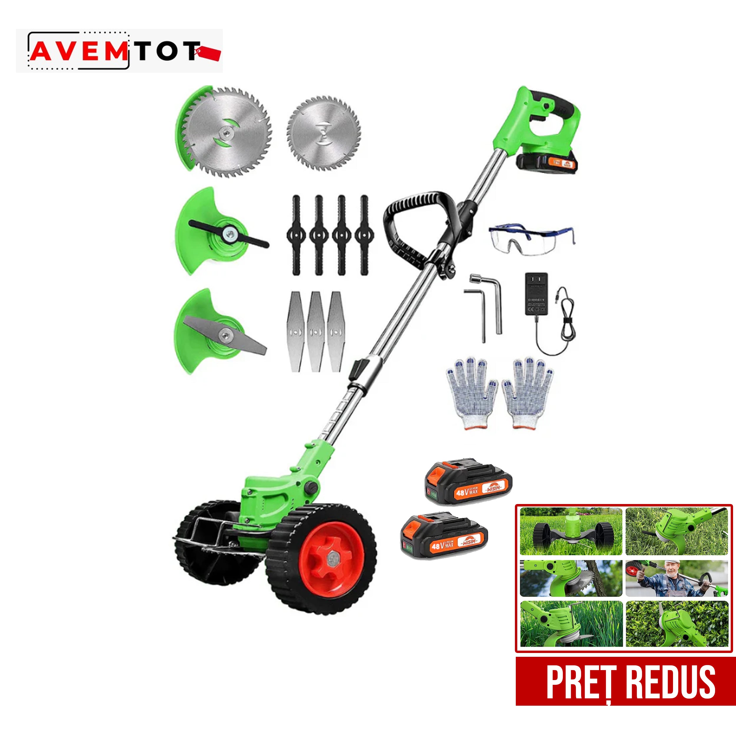 Motocoasă electrică cu roti 48V, 6000 mAh, 20000 RPM, cu acumulatori