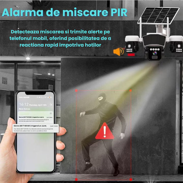Camera de supraveghere CLAUSTEEL 3in1 cu panou solar, conexiune SIM 4G, 9MP, acumulator de 16.000 mAh, Rotire automata, urmarire inteligenta, Night Vision color, lumini nocturne, Slot MicroSD, Vedere tripla, Alb-Negru