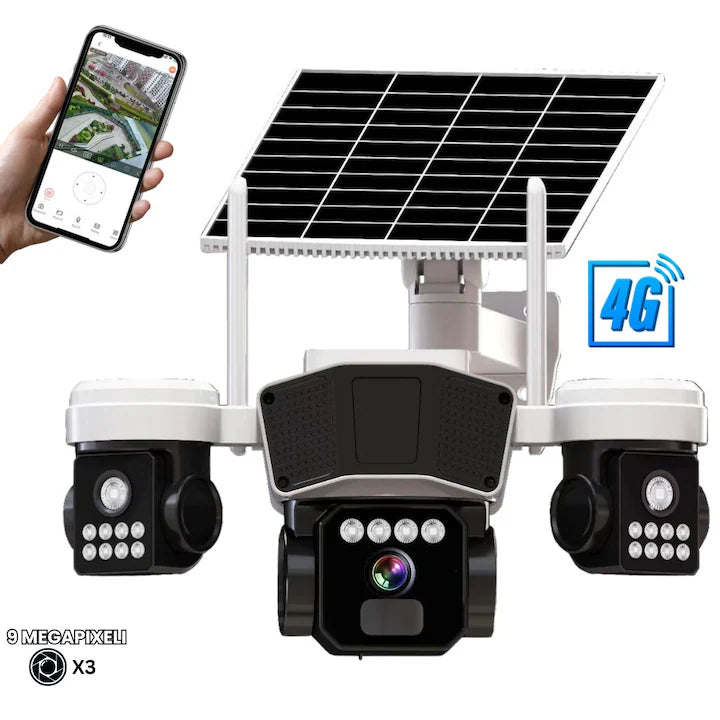 Camera de supraveghere CLAUSTEEL 3in1 cu panou solar, conexiune SIM 4G, 9MP, acumulator de 16.000 mAh, Rotire automata, urmarire inteligenta, Night Vision color, lumini nocturne, Slot MicroSD, Vedere tripla, Alb-Negru