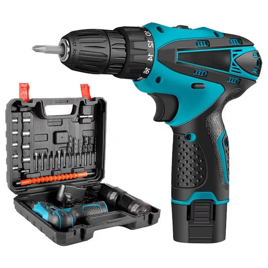 Trusa cu surubelnita electrica fara fir, cu 2 acumulatori, 36V, cu 24 de accesorii incluse, 2 viteze, albastru