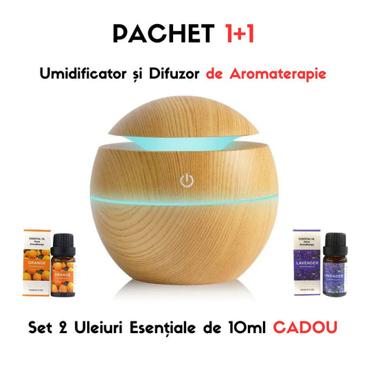 Set 2 X  Umidificator Si Difuzor De Aromaterapie, Culori Ambientale, Capacitate 230ML+CADOU 2 Uleiuri Esentiale Pentru Aromaterepie