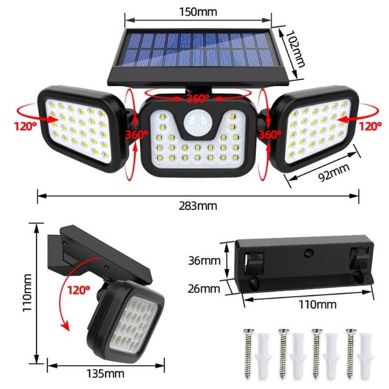 Set 2 x Lampa Solara pentru Exterior cu Senzor de miscare, 74 LED-uri, Baterie 2400 mAh, 3 Surse de iluminare