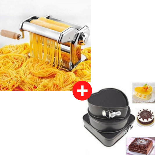 Oferta 1+ 1! Masina de taitei si spaghete, inox, diverse grosimi + Set 3 tavi de prajituri, cu baza detasabila si forme diferite