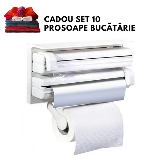 Dispenser triplu: rola hartie prosop, folie aluminiu si stretch + Cadou set 10 prosoape bucatarie bumbac Pakistan