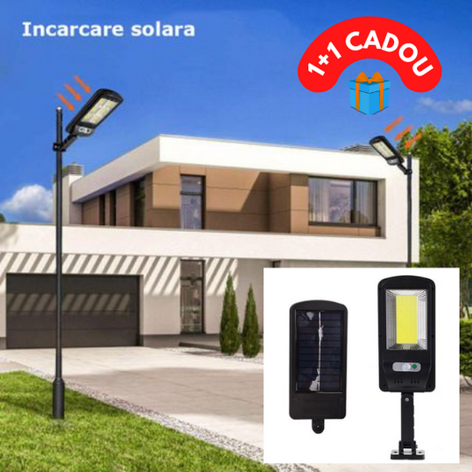 Oferta 1+1! Lampa solara stradala, Panou solar, 100 LED Cob, Negru