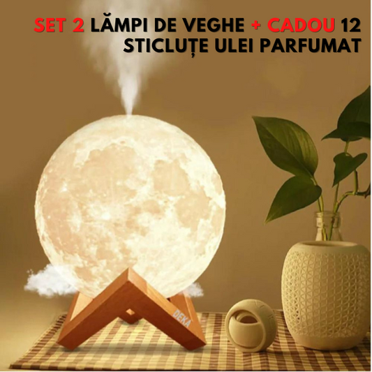 Set 2  X Lampa de veghe cu umidificator 3 D + Set de 12 uleiuri esentiale pentru aromatherapy, diferite esente