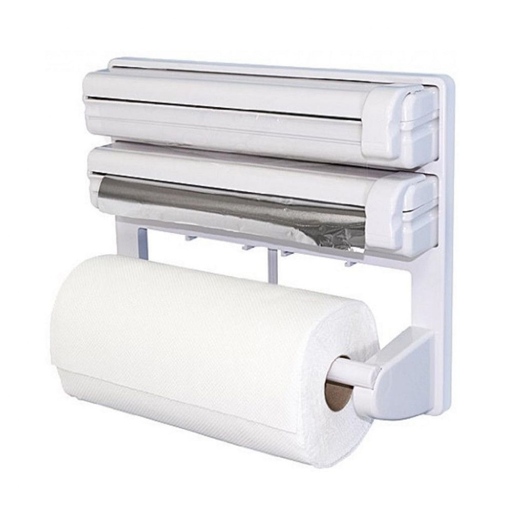 Dispenser triplu: rola hartie prosop, folie aluminiu si stretch + Cadou set 10 prosoape bucatarie bumbac Pakistan