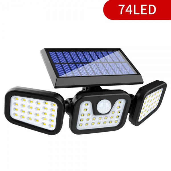 Oferta 2 +1! Set 2 x Lampa Solara pentru Exterior cu Senzor de miscare, 74 LED-uri, Baterie 2400 mAh, 3 Surse de iluminare